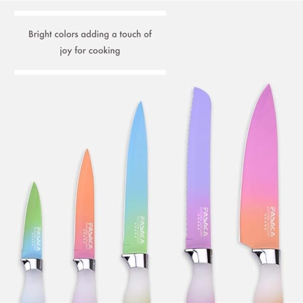 Colorful Kitchen Knife Set 5 Kitchen Knives with Peeler - Non-Stick Stainless Steel Chef Knife Set - Gradient Rainbow Knives with PP Handle - Image 4