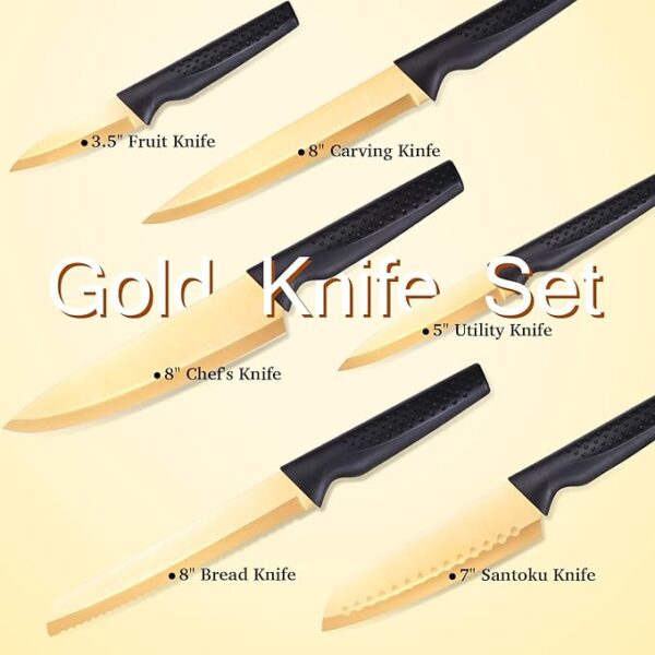 Knives Set for Kitchen,Thin-bladed Kitchen Knives, 6Pcs Titanium Coated Golden High Carbon Steel Made Kitchen Knives & 6Pcs Knife Sheaths with Gift Box, House Warming Gift - Image 5