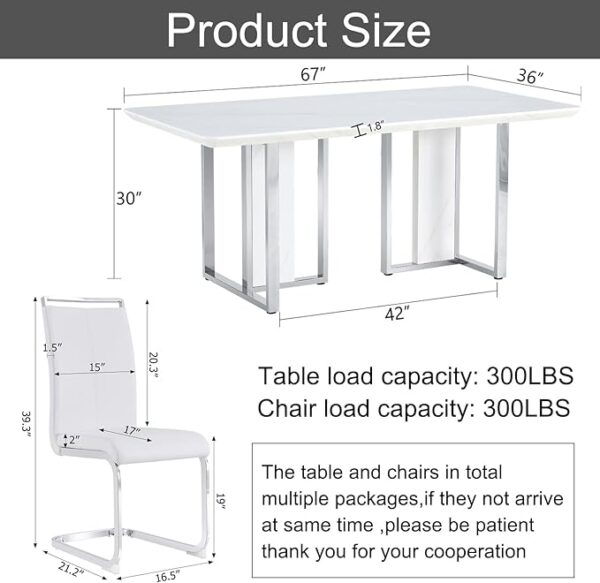 67'' Modern Dining Table Set for 8,White Kitchen Table Set,Luxury Dining Table Set with 1.8-inch Thick Faux Marble Table Top＆8 Pu Leather Upholstered Chairs Ideal for Dining kicken Room - Image 4