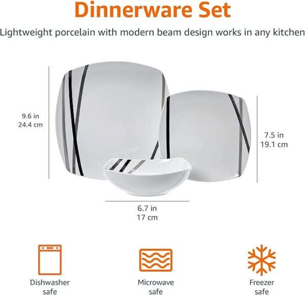 Amazon Basics - 18 Piece Kitchen Dinnerware Set - Square Plates, Bowls, Service for 6 - Modern Beams - Image 2