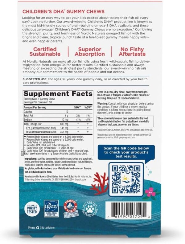 Nordic Naturals Zero Sugar Children’s DHA Gummy Chews, Tropical Punch - 30 Gummy Chews for Kids - 600 mg Total Omega-3s - Brain Development, Learning, Healthy Immunity - Non-GMO - 30 Servings - Image 2