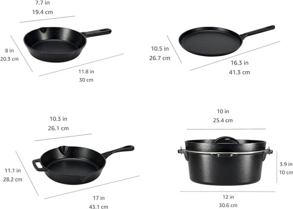 Amazon Basics Pre-Seasoned Cast Iron 5-Piece Kitchen Cookware Set, Pots and Pans, Black, 14.17 x 12.2 x 10.63 in - Image 2