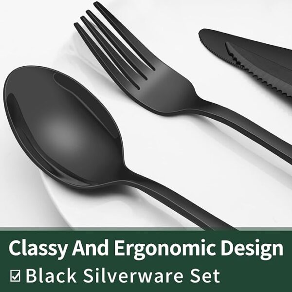 24-Piece Black Silverware Set with Steak Knives, Black Flatware Set for 4, Food-Grade Stainless Steel Tableware Cutlery Set, Mirror Finished Utensil Sets for Home Restaurant - Image 4