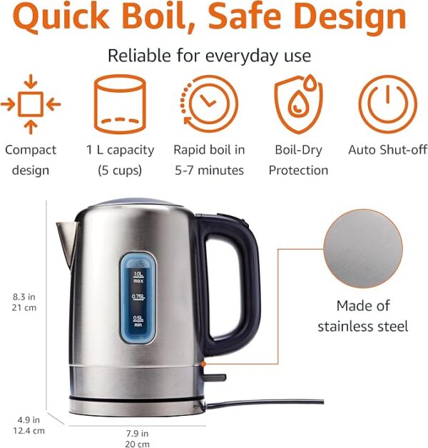 Amazon Basics Electric Kettle, Stainless Steel, Portable Fast-Boiling, Tea Kettle for Boiling Water - Image 4