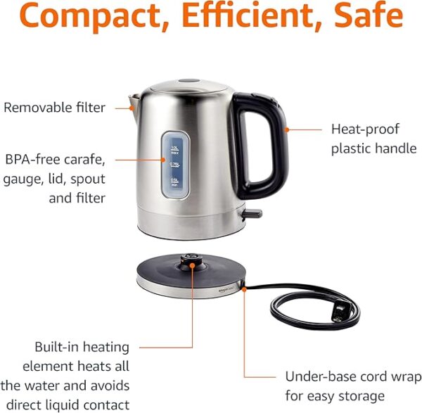 Amazon Basics Electric Kettle, Stainless Steel, Portable Fast-Boiling, Tea Kettle for Boiling Water - Image 3