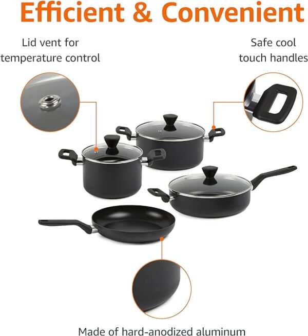 Amazon Basics - 10 -Piece Hard Anodized Non-stick Stackable Cookware Pots and Pans Set, Space Saving, made without PFOA, Black - Image 6