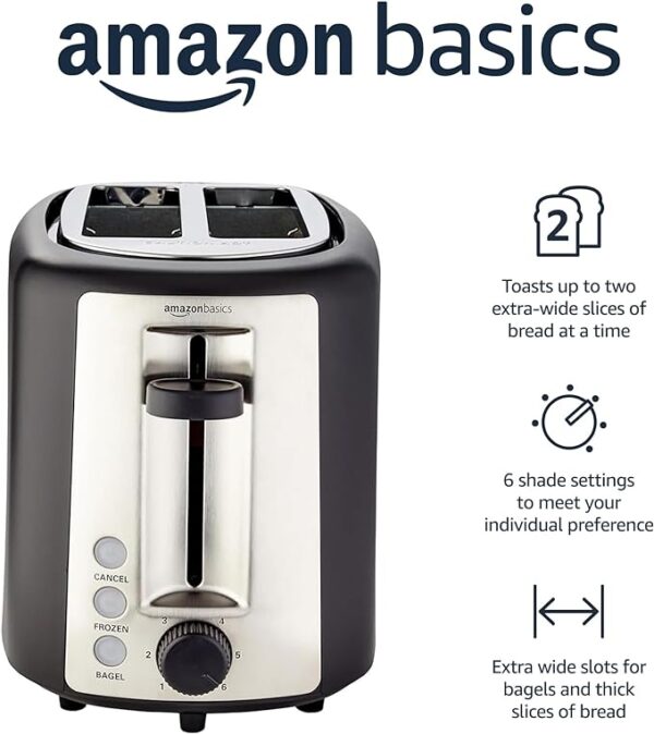 Amazon Basics 2 Slice Toaster With 6 Browning Settings, Removable Easy-to-Clean Crumb Tray, Cancel Button, 900W, Black & Silver. - Image 5