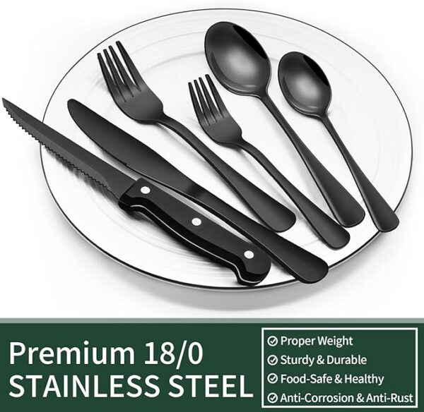 24-Piece Black Silverware Set with Steak Knives, Black Flatware Set for 4, Food-Grade Stainless Steel Tableware Cutlery Set, Mirror Finished Utensil Sets for Home Restaurant - Image 5