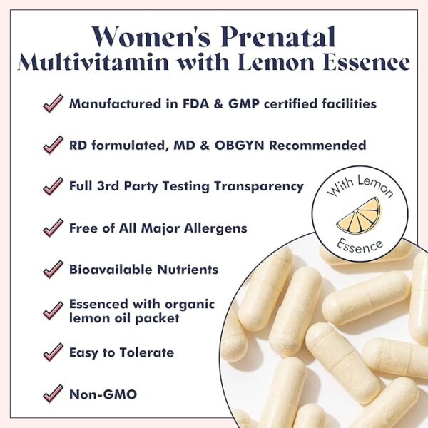 Prenatal Vitamins Lemon | choline, folate, vitamin D for fetal growth, brain development | 26 Vital Nutrients | Dietitian-formulated, OBGYN recommended, non-GMO, 3rd Party tested, 60 Servings - Image 4