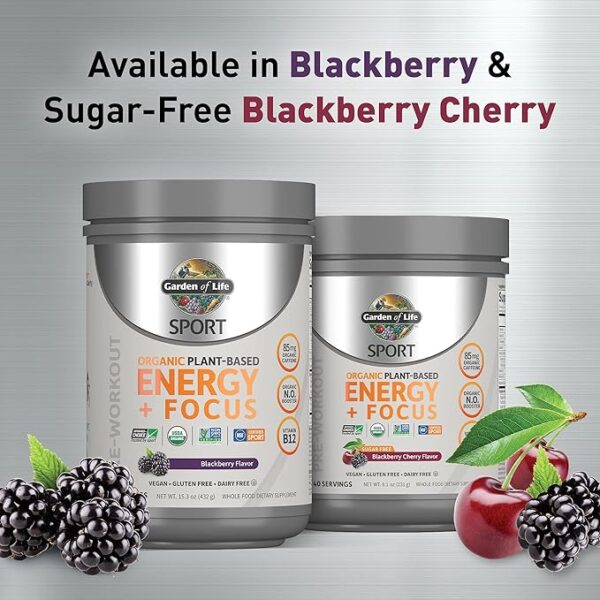 Garden of Life Sport Organic Plant-Based Energy + Focus Vegan Clean Pre Workout Powder, Sugar & Gluten Free BlackBerry Cherry with 85mg Caffeine, Natural NO Booster, B12, 40 Servings, 8.14 Oz - Image 2