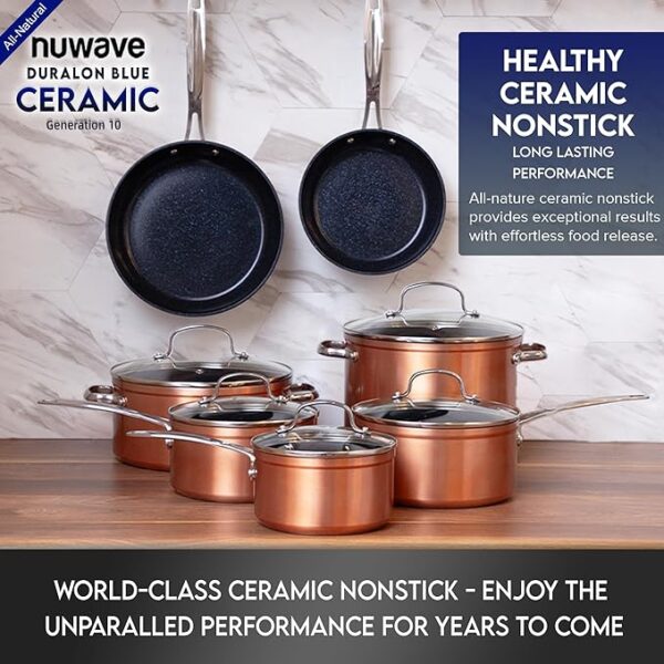 Nuwave Healthy Duralon Blue Ceramic Nonstick Cookware Set, Diamond Infused Scratch-Resistant, PFAS Free, Dishwasher & Oven Safe, Induction Ready & Evenly Heats,Tempered Glass Lids & Stay-Cool Handles - Image 5