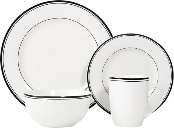 Amazon Basics 16-Piece Cafe Stripe Kitchen Dinnerware Set, Plates, Bowls, Mugs, Service for 4, Black - Image 3