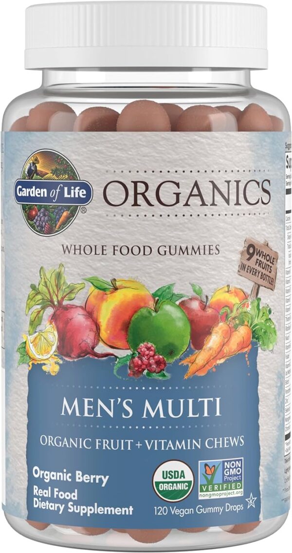 Garden of Life Organics Men's Gummy Vitamins - Berry - Certified Organic, Non-GMO, Vegan, Kosher Complete Multi - Methyl B12, C & D3 - Gluten, Soy & Dairy Free, 120 Real Fruit Chew Gummies - Image 3