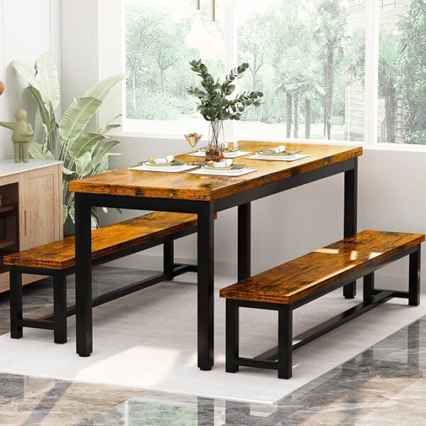 AWQM Dining Room Table Set, Kitchen Set with 2 Benches, Ideal for Home, and Room, Breakfast of 43.3x23.6x28.5 inches, Benches 38.5x11.8x17.5 Industrial Brown - Image 2