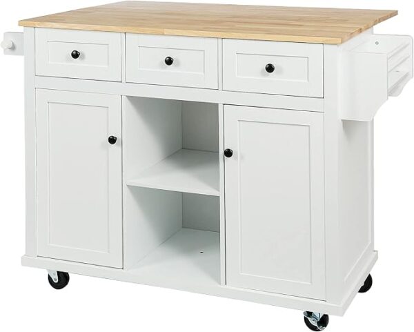 Rolling Utility Cart, MDF White Kitchen Island Storage Cart with Rubberwood Portable Fallen Leaf Countertop,5 Wheels, Storage Cabinet, 3 Dining Drawers Serving Utility Carts